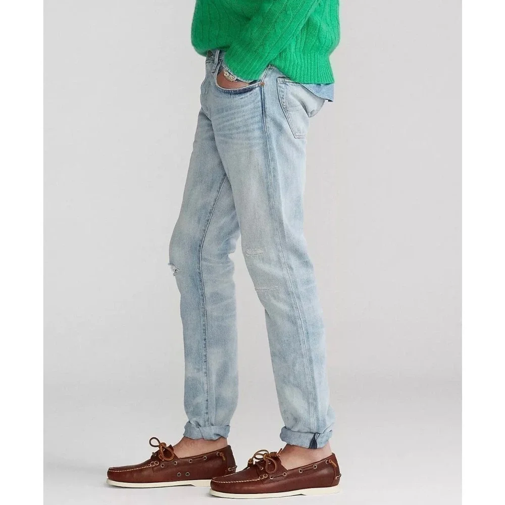 Polo Ralph Lauren Mens Varick Slim Straight Sun Faded Distressed Rope Dyed Jeans
